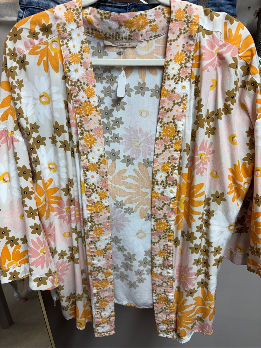 Floral Open-Front Kimono Wrap in Pink, Yellow & Cream